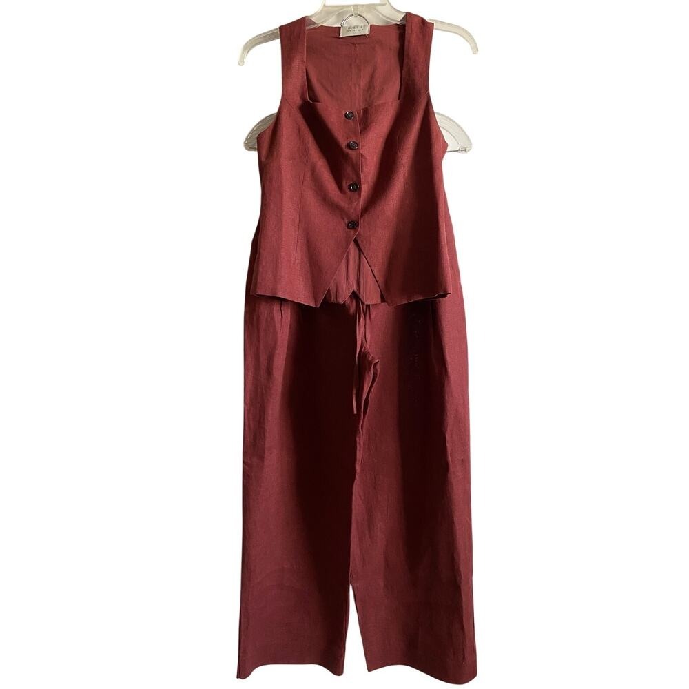 DISSH Fran Sahara Linen Vest Pant Set Tailored Wide Leg Size 4‎ Rust Red